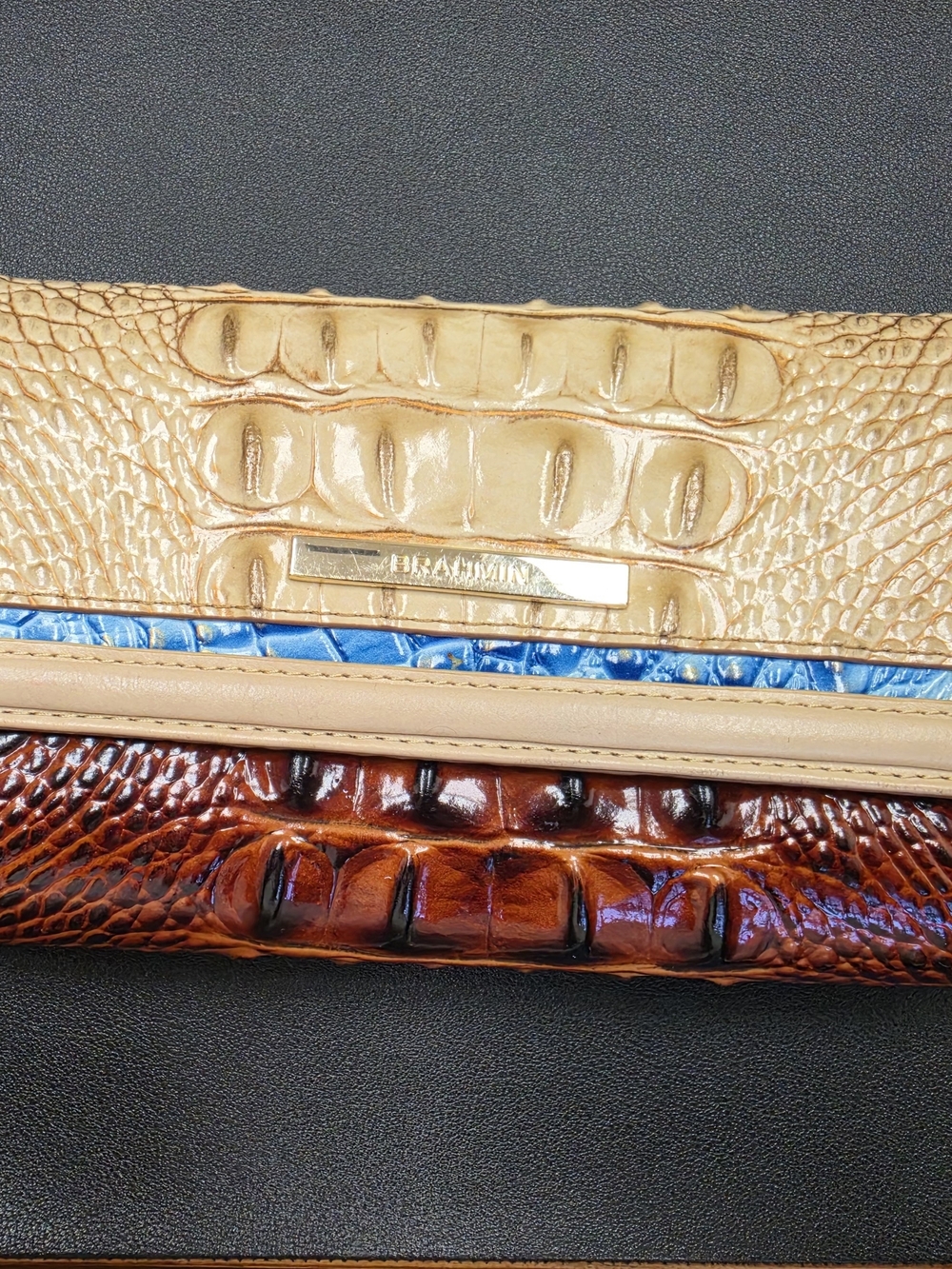 Brahmin Tri-Texture Croc-Embossed Clutch in Cream, Blue & Brown